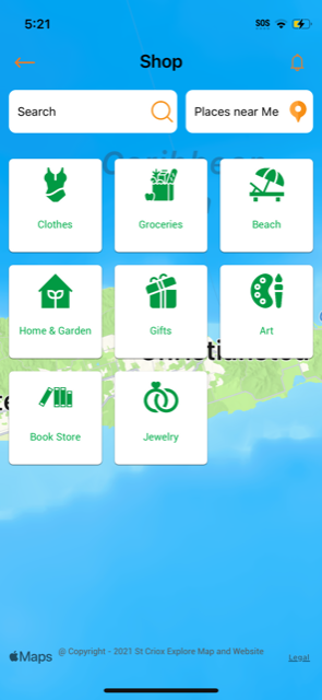 Screenshot of the St. Croix Explorer mobile app showing the island map and listings