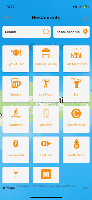 Screenshot of the St. Croix Explorer mobile app showing the island map and listings