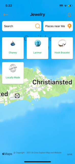 Screenshot of the St. Croix Explorer mobile app showing the island map and listings