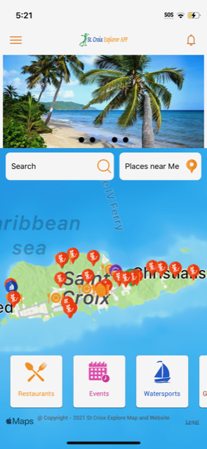 Screenshot of the St. Croix Explorer mobile app showing the island map and listings